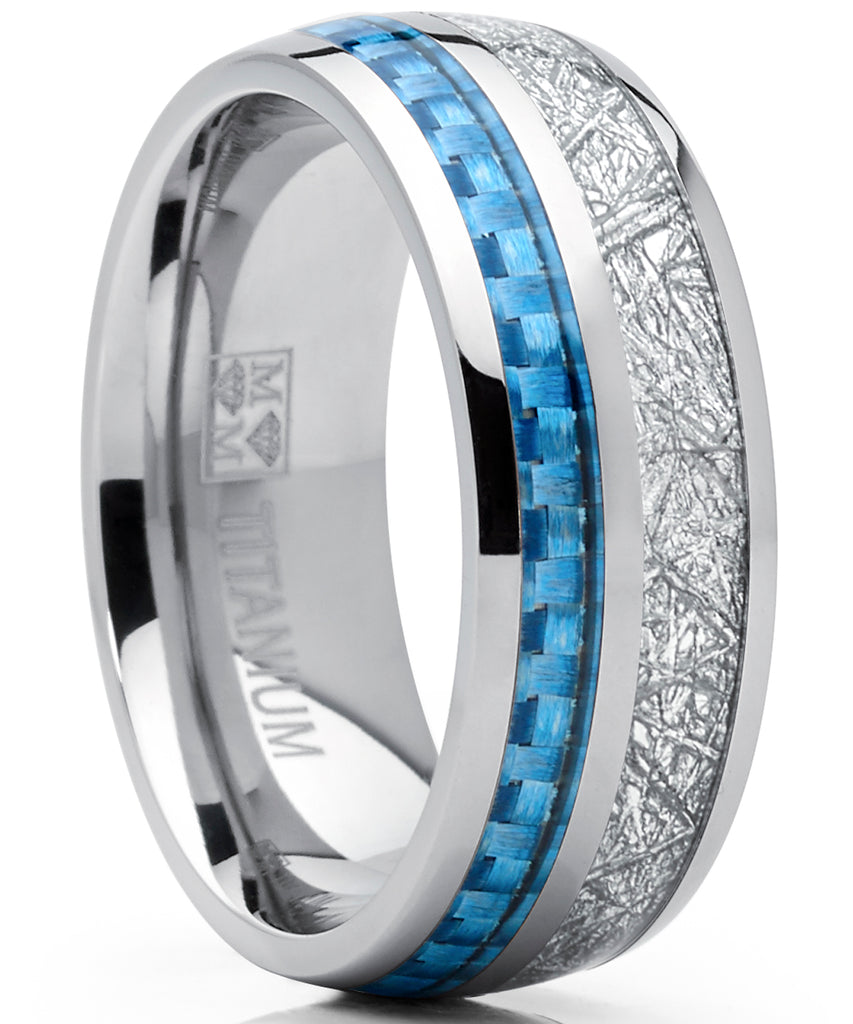 8mm Men's Titanium Wedding Band Engagement Ring with Baby Blue Carbon Fiber and Imitated Meteorite, Comfort Fit