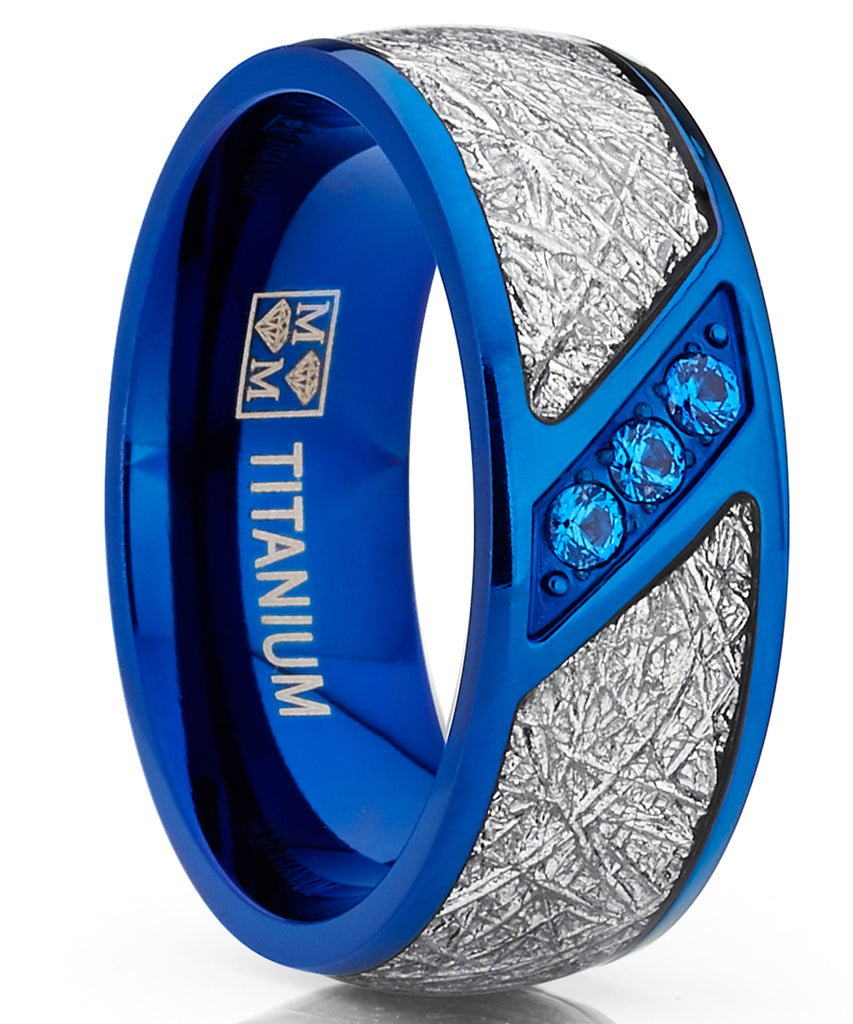 Men's Blue Titanium Wedding Band Imitation Meteorite Ring Blue Cubic Zirconia 8mm