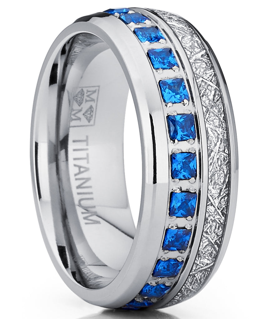 Titanium Wedding Band Imitation Meteorite Engagement Ring Blue Cubic Zirconia 8mm