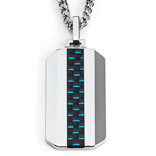 Men's Tungsten Dog Tag Black Blue Carbon Fiber Inlay, 24" Curb Chain