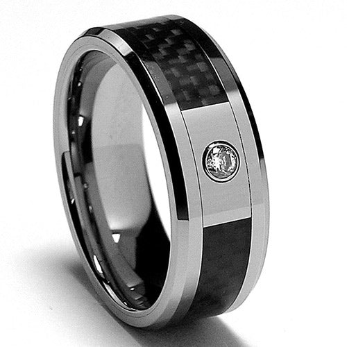 8MM Men's Tungsten Carbide REAL DIAMOND Ring .065 Carat Wedding Band With Carbon Fiber Inaly Sizes 7 to 13