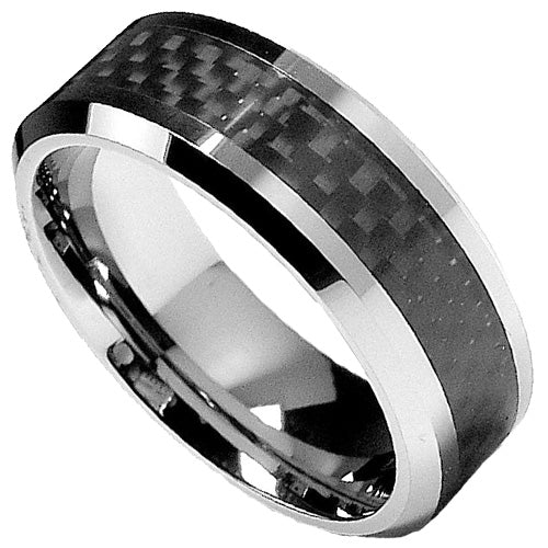 Men's Tungsten Carbide Band Wedding Ring Black Carbon Fiber Inlay Sizes 5 to 15