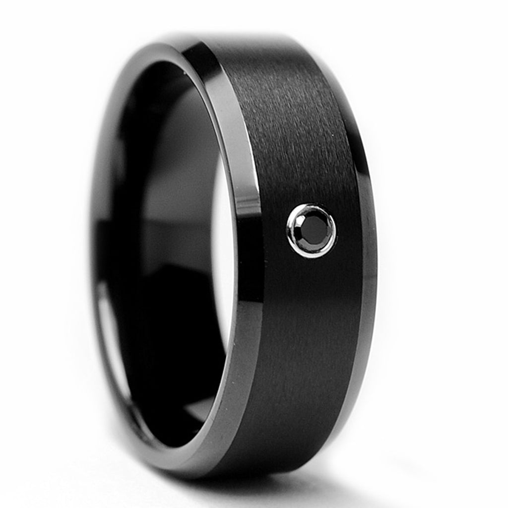 8MM Men's Black Tungsten Carbide Ring W/ BLACK DIAMOND Wedding Bands Sizes 7 to 12