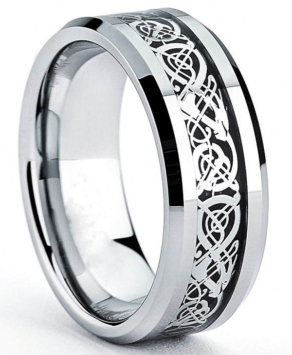 Tungsten Carbide Men's Ring with Dragon Design Inlay Sizes 7 to 13
