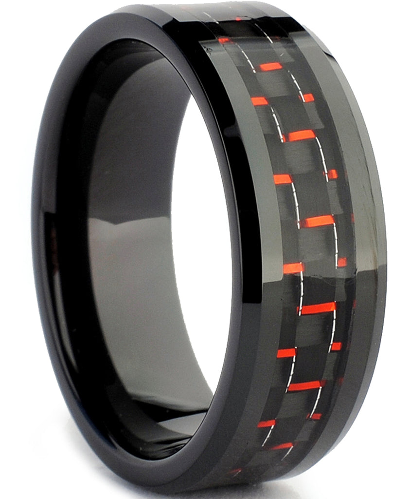 Men's Black Tungsten Carbide Wedding Band With Black and Red Carbon Fiber Inlay, 8mm Sizes 7 to 13