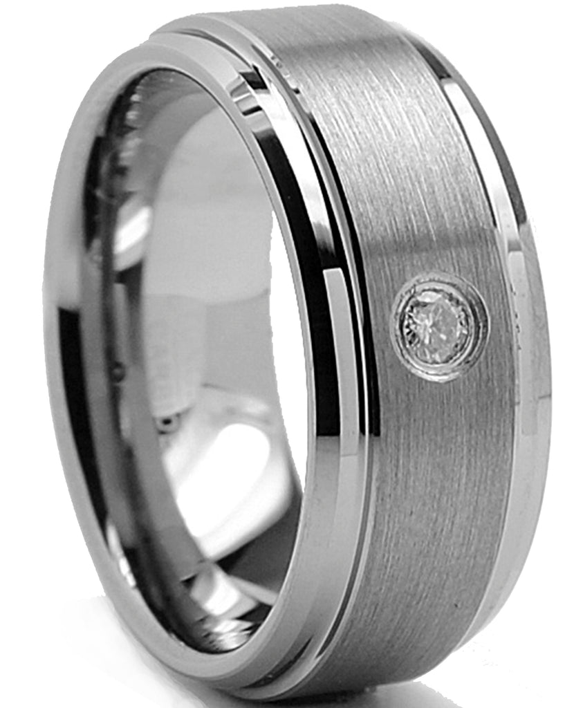 9MM Tungsten Carbide Men's Beveled Edge Comfort Fit Wedding Band Ring With .05 REAL DIAMOND Sizes 8 to 12