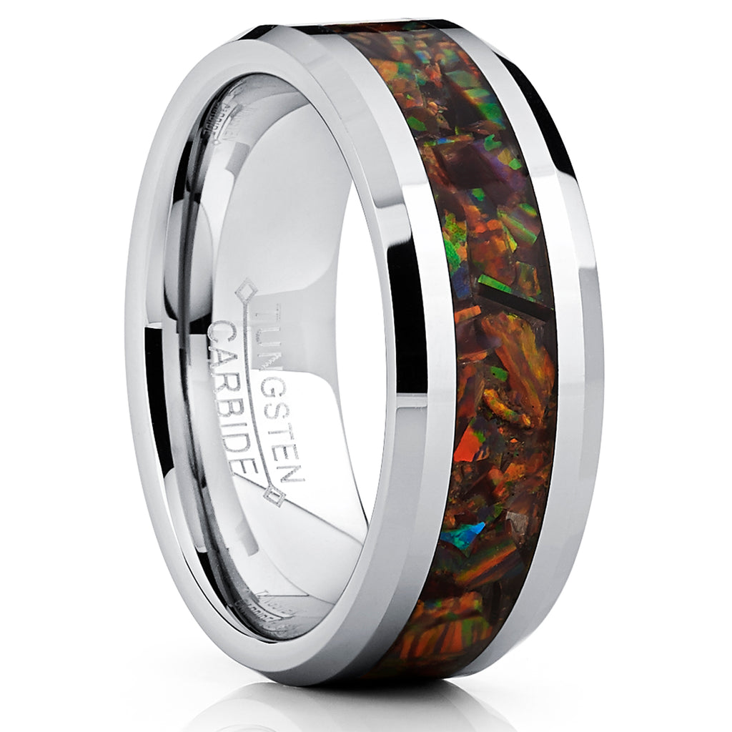 Men's 8MM Tungsten Carbide Wedding Band Ring With Fire Red Simulated Opal Inlay 8MM