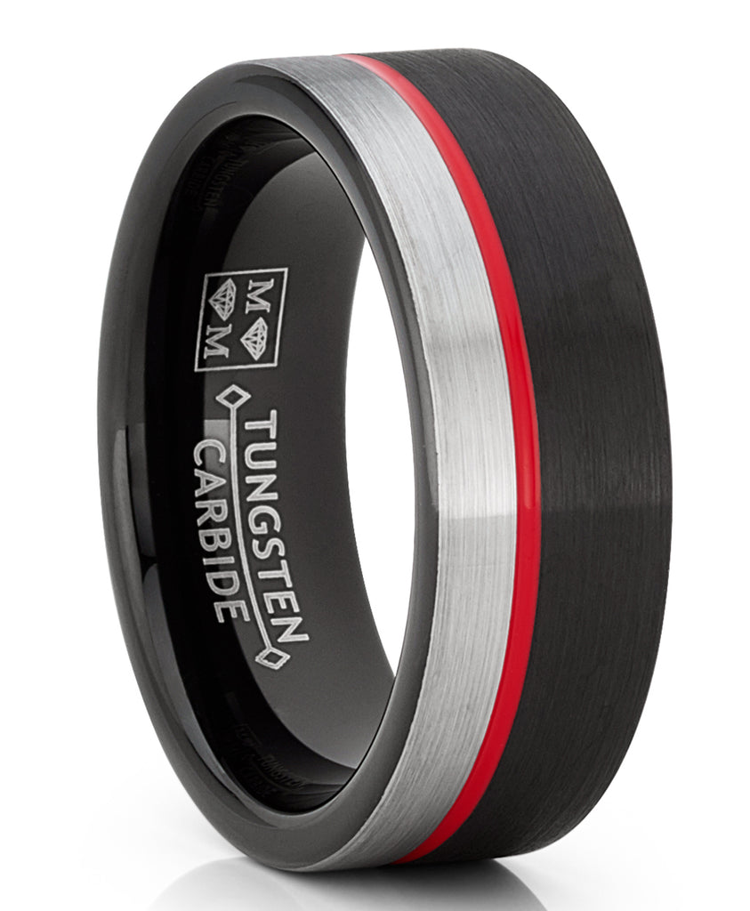 Tungsten Wedding Band Grooved Ring 8mm for Men's Black and Red