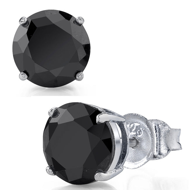 1.5 Carats TCW Casted Sterling Silver 925 Round Black Onyx Stud Earrings Cubic Zirconia White Rhodium