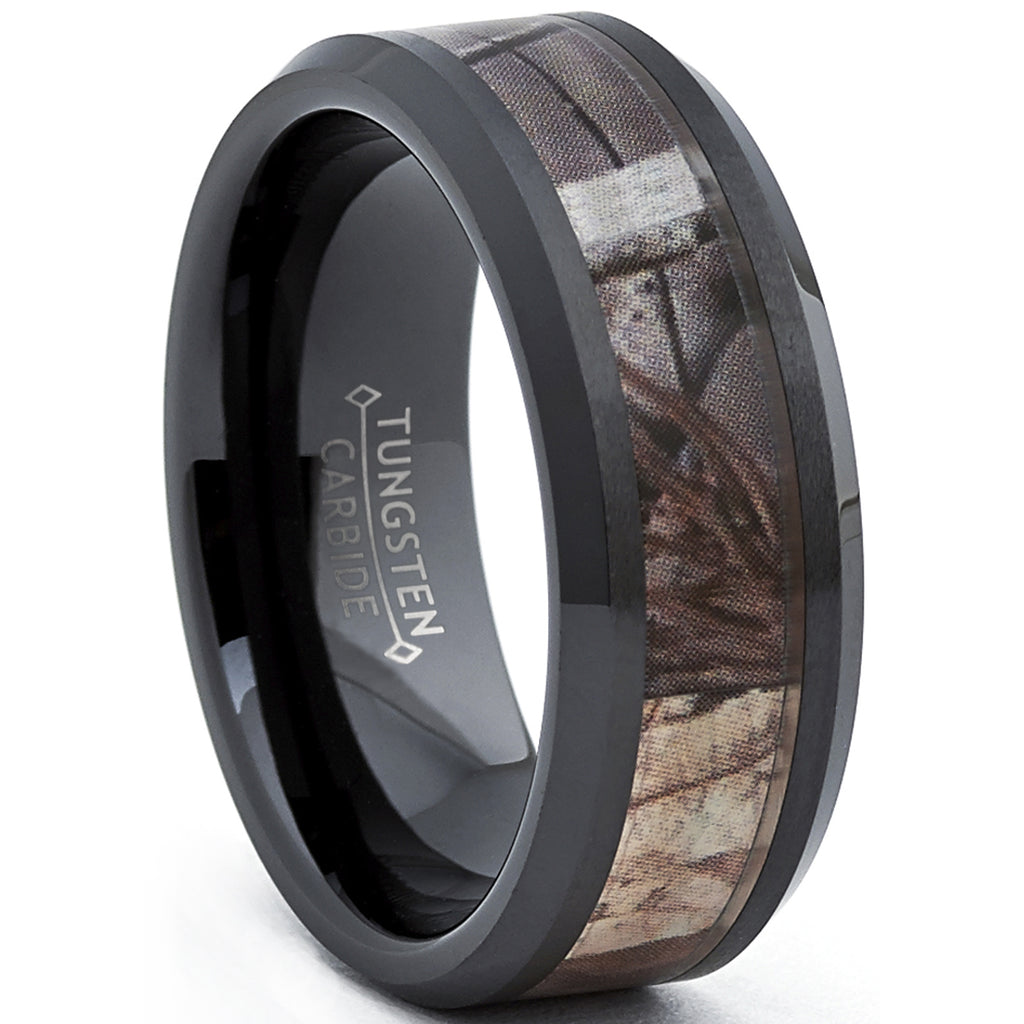 Black Tungsten Men's Hunting Camo Ring, Comfort Fit Band, 8mm Sizes 5 to 15