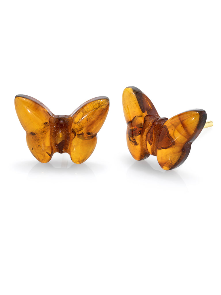 Baltic Amber Butterfly Stud Earrings 14K Goldplated 925 Sterling Silver Cognac