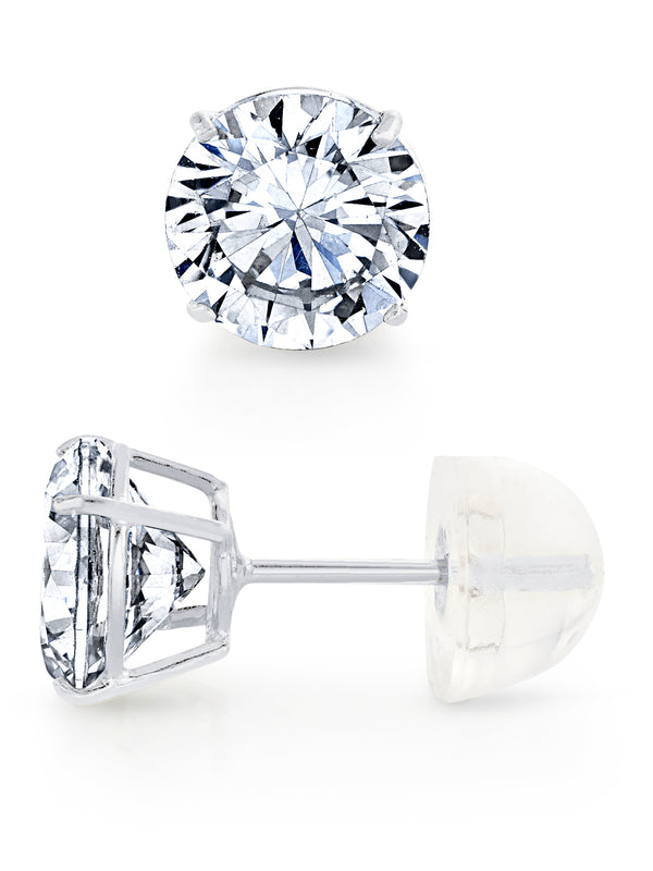 14K White Gold Round Stud Earrings Silicone 1.7ct Cubic Zirconia CZ