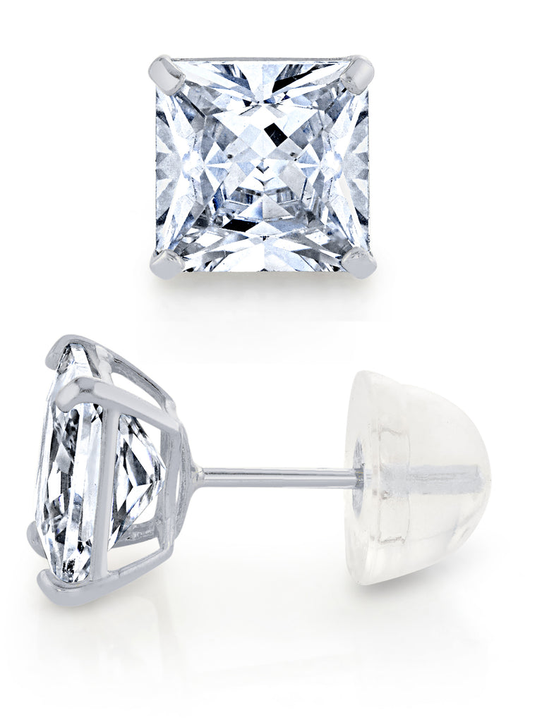 14K White Gold Stud Earrings Princess Silicone 2.5ct Cubic Zirconia CZ