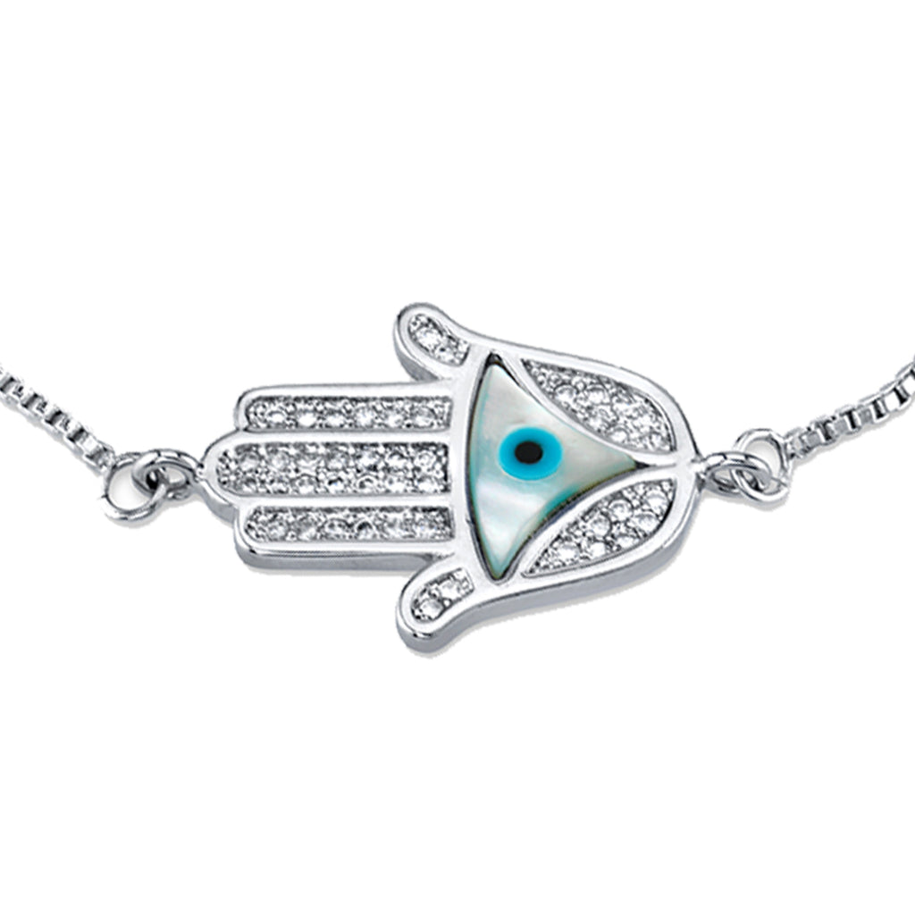 Metal Masters Co. Mother of Pearl Hand of Hamsa Evil Eye Bolo Bracelet with Cubic Zirconia adjustable up to 8.5"