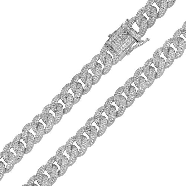 Men's 12MM Sterling Silver 925 Curb Chain Necklace White Goldtone Cubic Zirconia