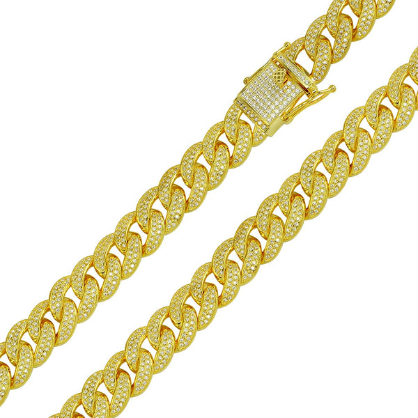Men's 12MM Sterling Silver 925 Curb Chain Necklace Gold-tone Cubic Zirconia