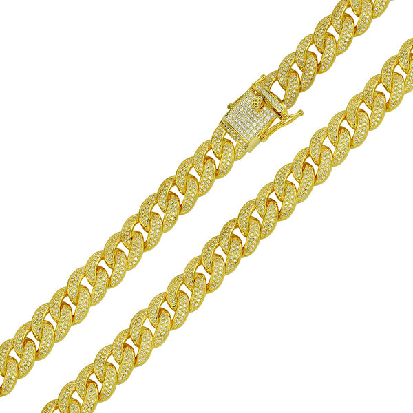 Men's 9MM Sterling Silver 925 Curb Chain Necklace Yellow Goldtone Cubic Zirconia
