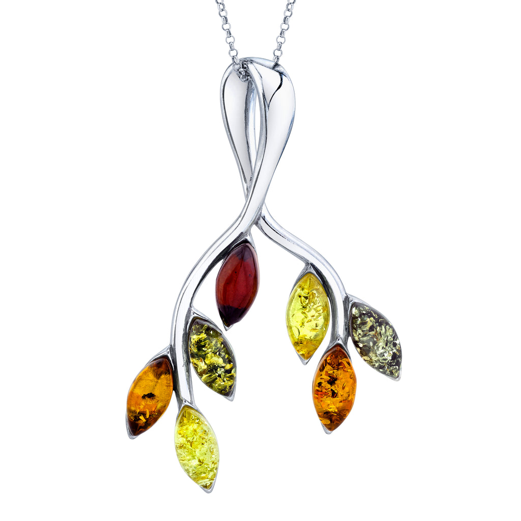 Womens Sterling Silver Baltic Amber Pendant Necklace Leaves Tree Branch 18" Chain