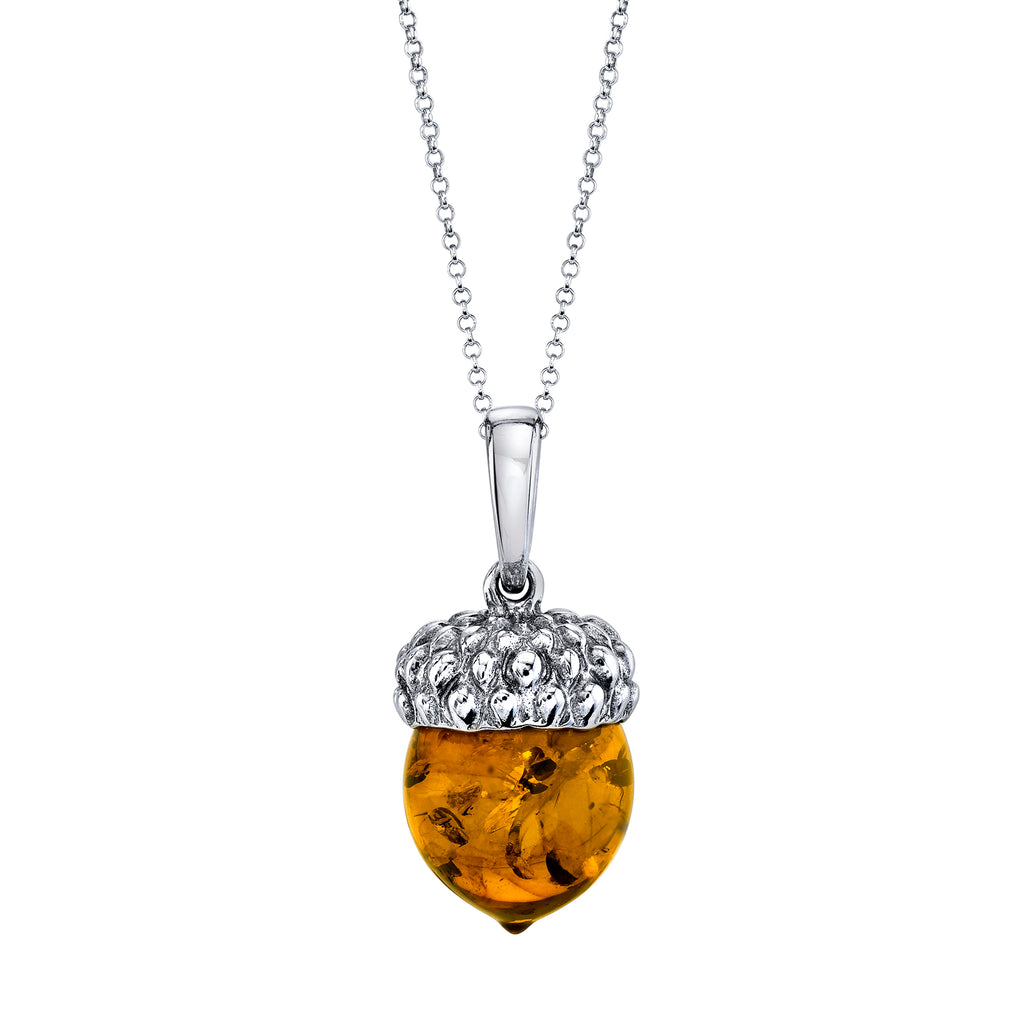 Baltic Amber Acorn Sterling Silver Pendant Necklace Cognac 18" Rolo Chain