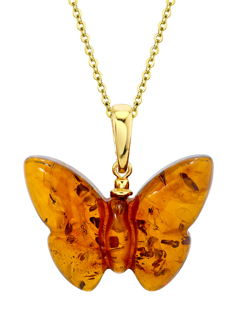 Baltic Amber Butterfly 14K Goldplated Sterling Silver Pendant Necklace 18" Chain
