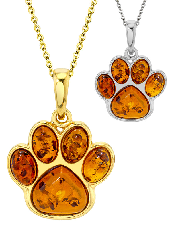 Baltic Amber Dog Paw 14K Goldplated 925 Sterling Silver Pendant 18"  Necklace