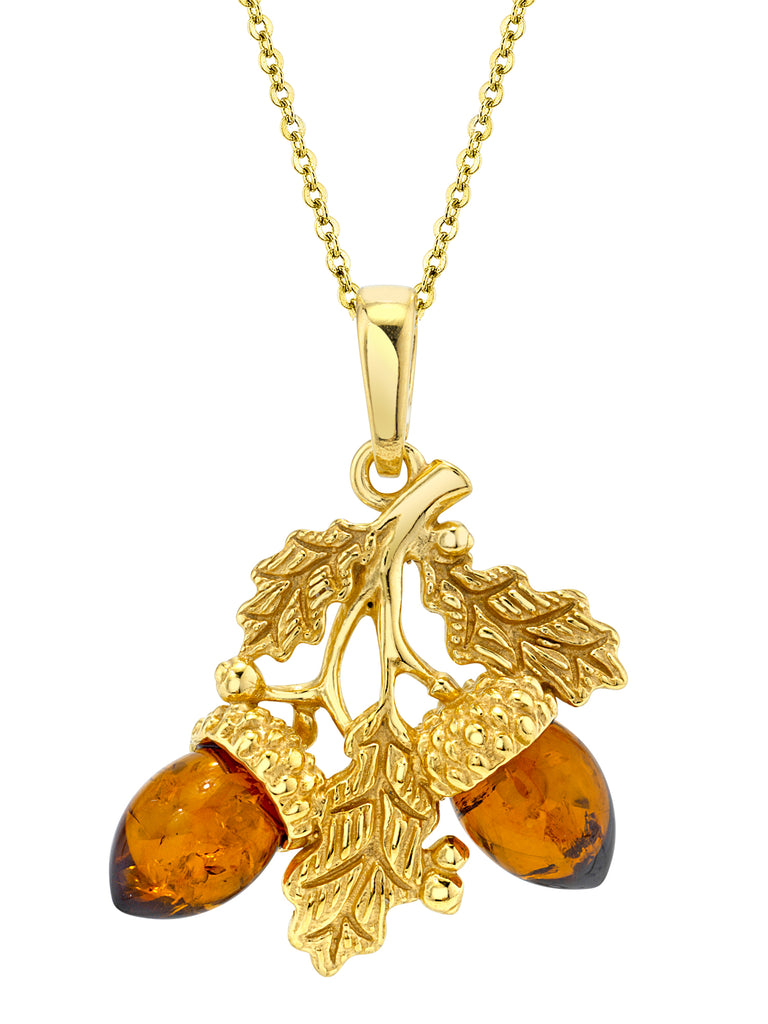 Baltic Amber Acorn Oak Leaf Branch 14K Goldplated Sterling Silver Pendant 18"  Necklace
