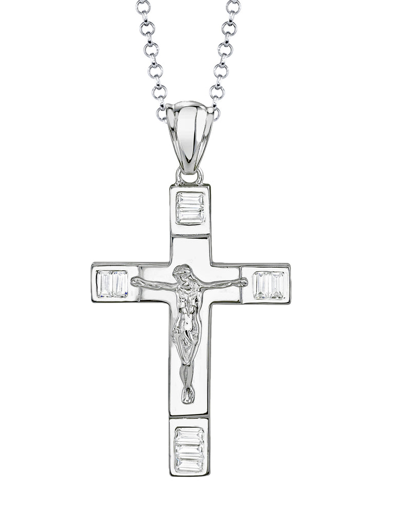 925 Sterling Silver Cross Crucifix Pendant Necklace Baguette CZ 2-Inch