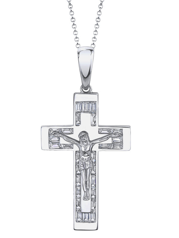 2.2 Carats 925 Sterling Silver Cross Crucifix Pendant Necklace Baguette CZ 2.4-Inch