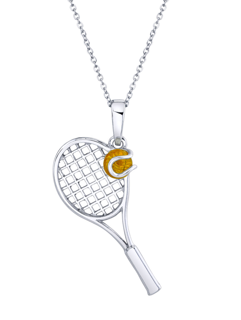 925 Sterling Silver Tennis Racquet & Ball Pendant Amber Necklace 18" Chain
