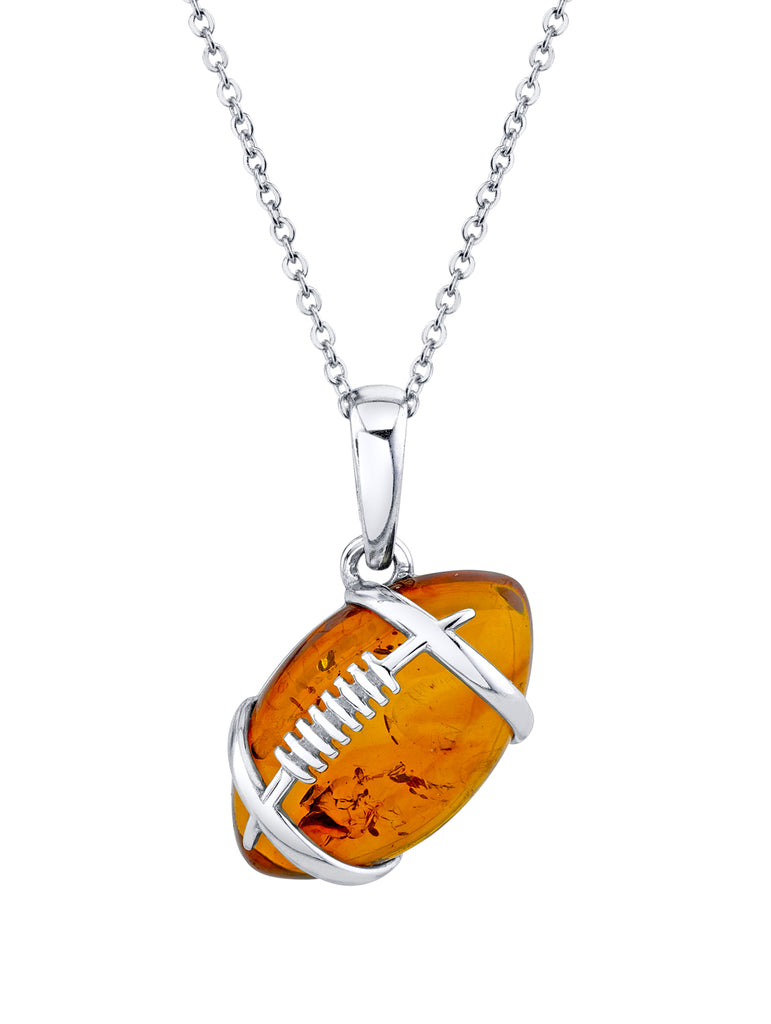 925 Sterling Silver Football Pendant Amber Necklace 20" Chain