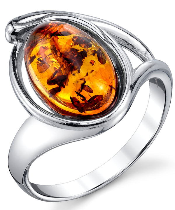 Women's Sterling Silver Baltic Amber Ring Cognac Oval Shape Center 5-9