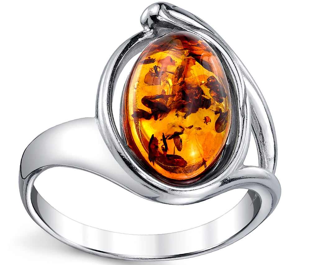 Women's Sterling Silver Baltic Amber Ring Cognac Oval Shape Center