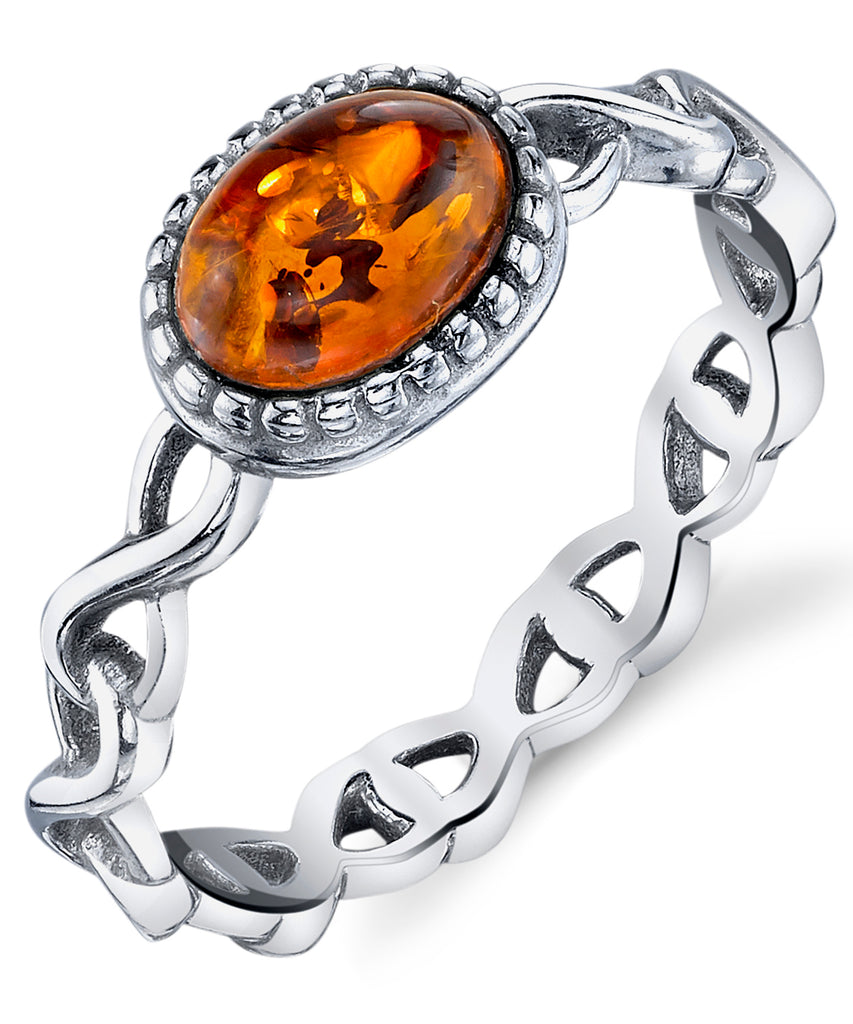 Women's Infinity Design Sterling Silver Ring Baltic Amber Cognac Stone Sizes 5-9