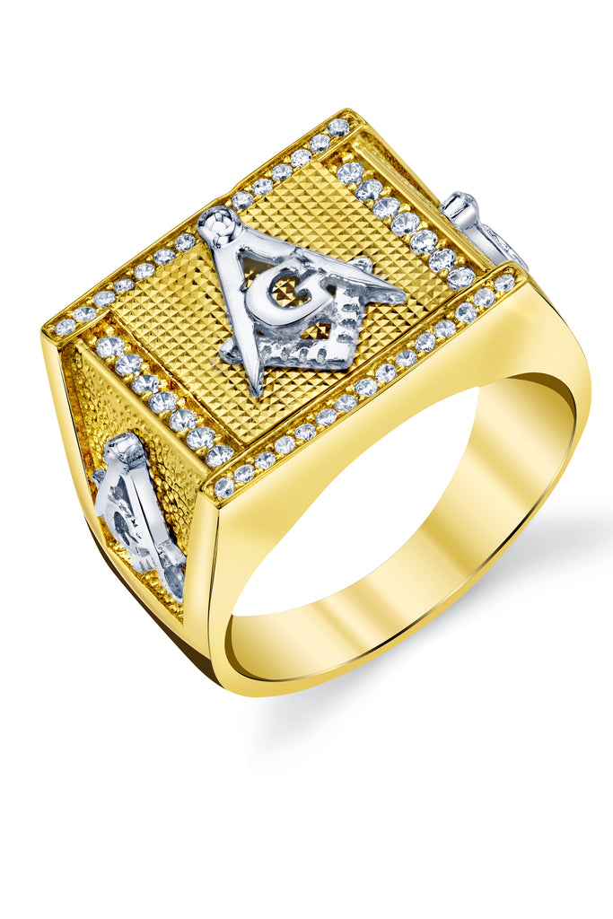 Men's Masonic Signet Pinky Ring Sterling Silver Goldtone Cubic Zirconia 14MM