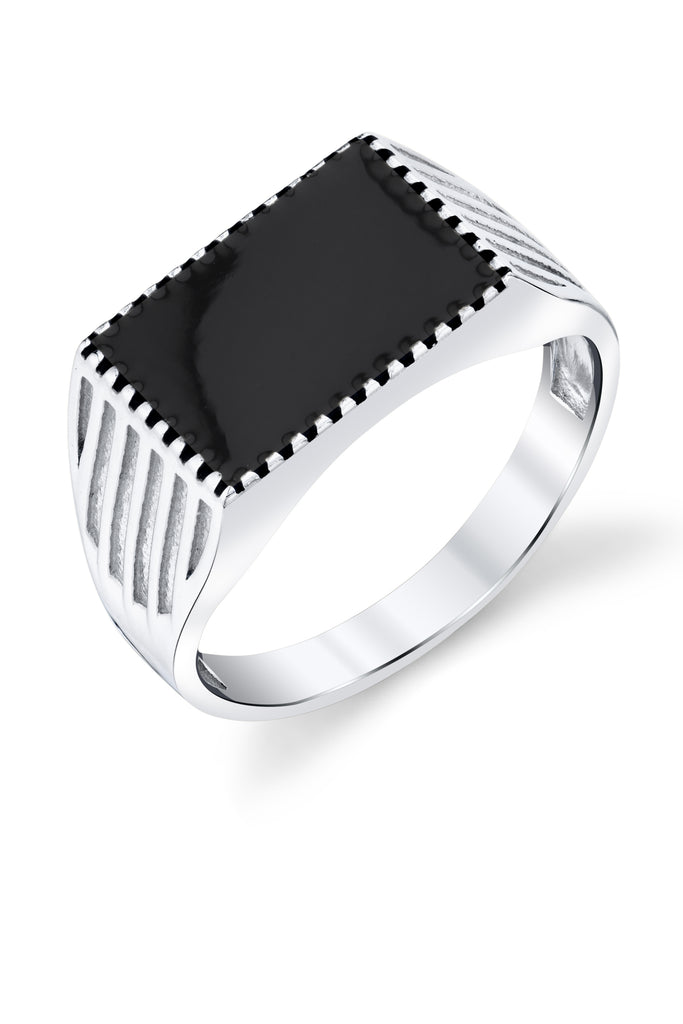 Men's Signet Pinky Ring Sterling Silver Black Enamel Inlay Milgrain Caved 10MM