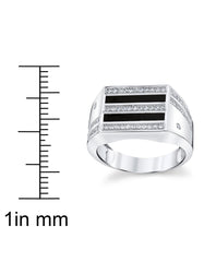 Men's TwoTone Signet Pinky Ring Sterling Silver Enamel Inlay Cubic
