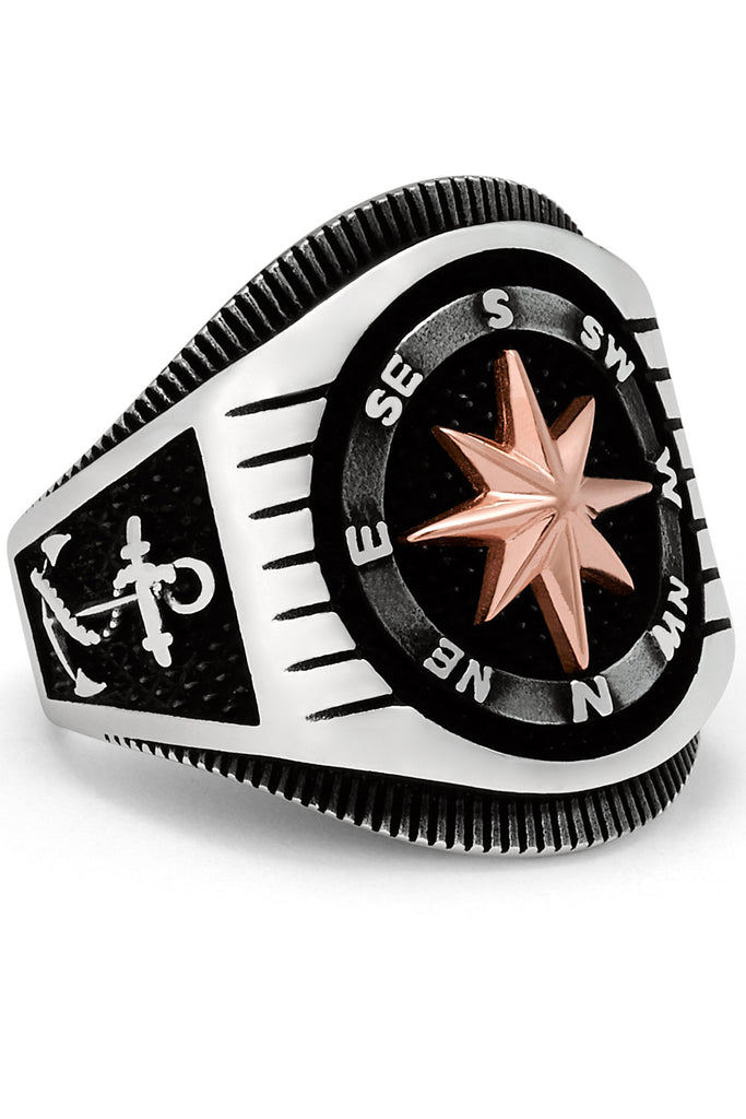 Men's Nautical Compass Sailing Ring 925 Sterling Silver Black 23MM