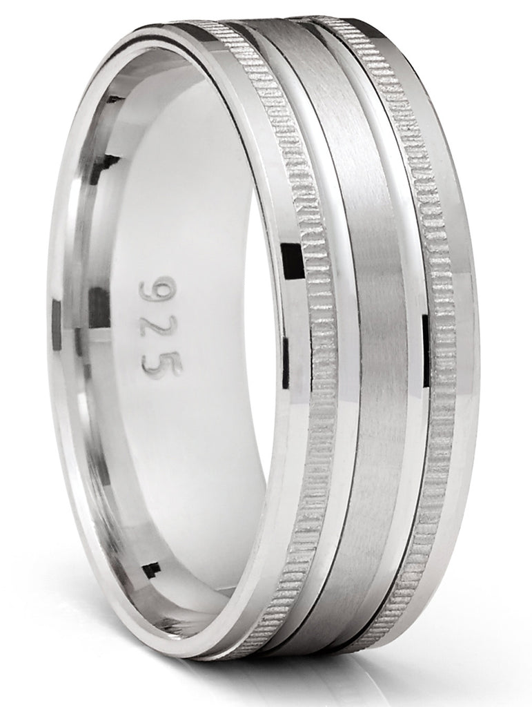 Men's Sterling Silver 925 Ring Grooved Milgrain Wedding Band Comfort-Fit 7MM