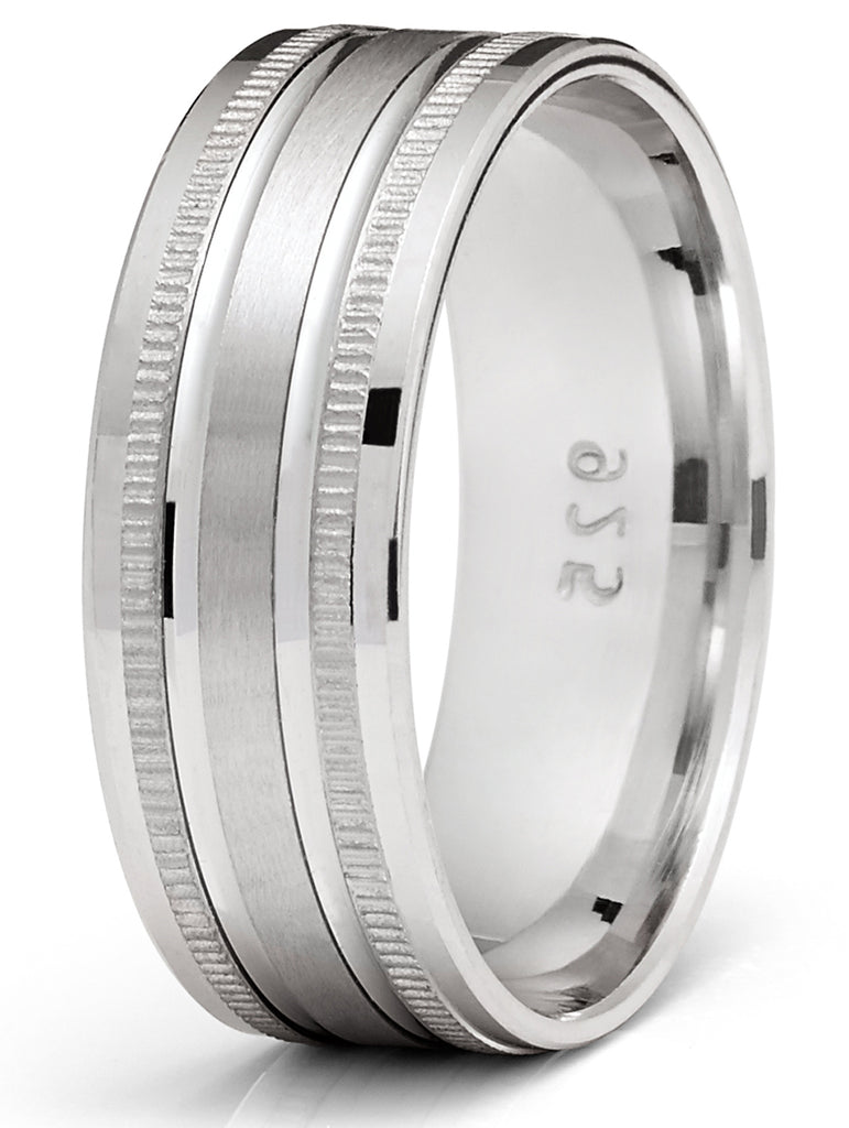 Men's Sterling Silver 925 Ring Grooved Milgrain Wedding Band