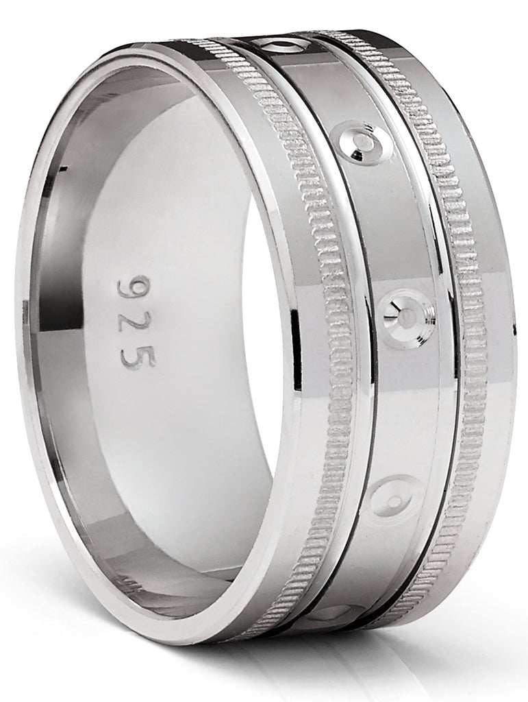 Men's Sterling Silver 925 Ring Milgrain Wedding Band Grooved Comfort-Fit 9MM