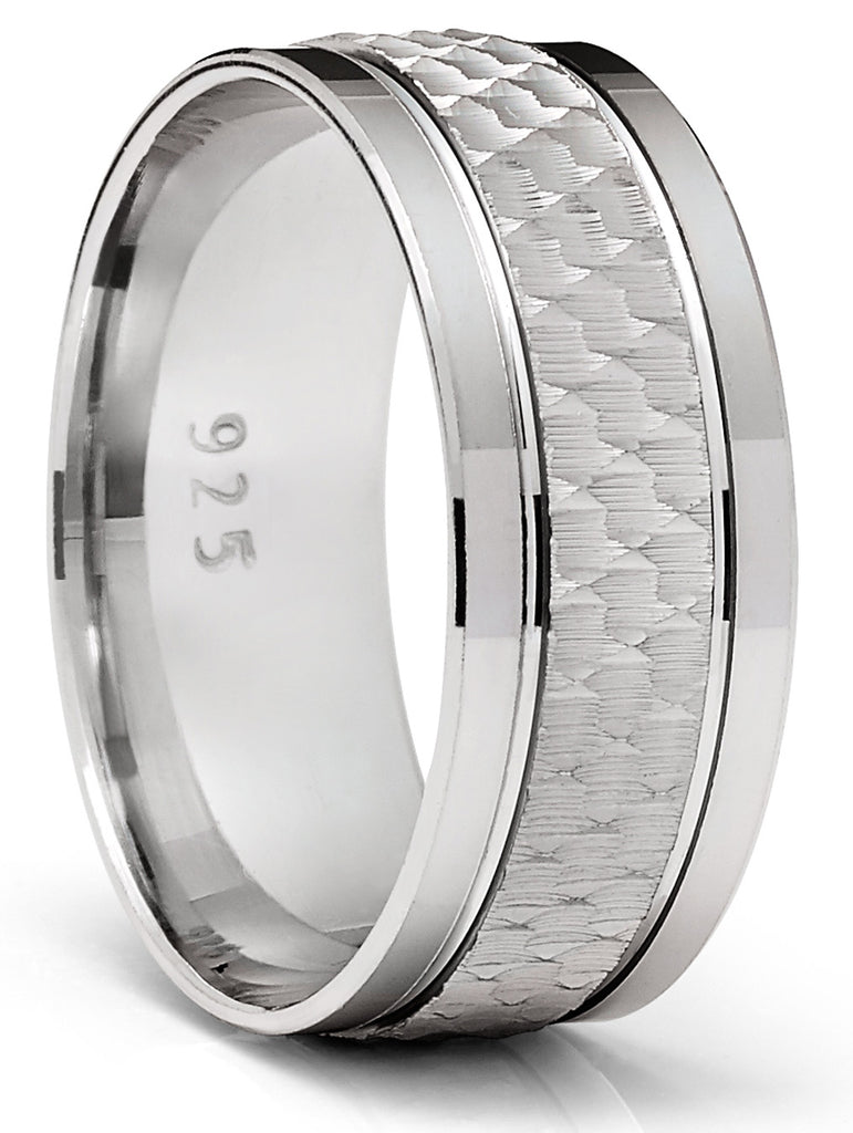 Men's Sterling Silver 925 Ring Hammered Wedding Band Comfort-Fit 8MM