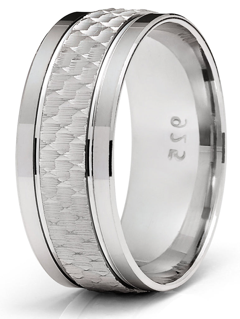 Men's Sterling Silver 925 Ring Hammered Wedding Band Comfort-Fit