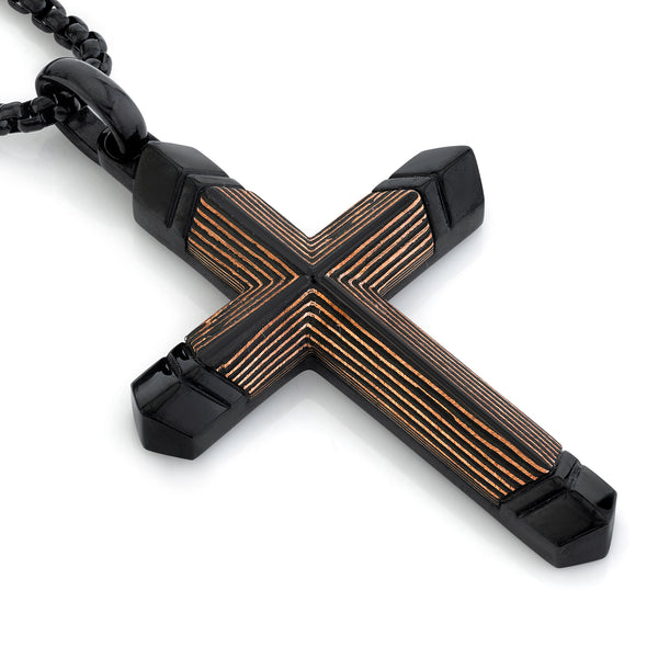 Stainless Steel Cross Pendant Copper Carbon Fiber 24" Round Box Chain Necklace