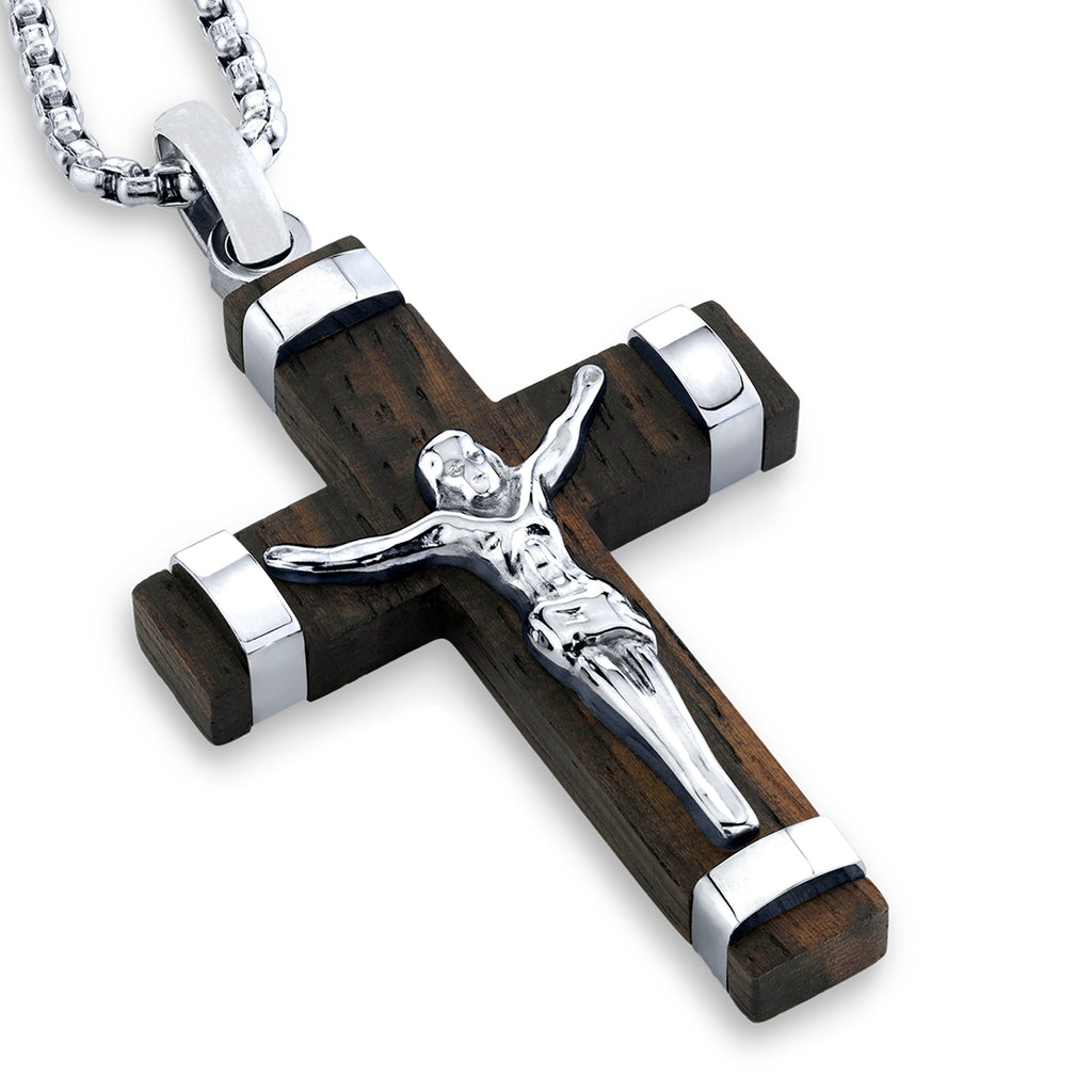 Wooden Crucifix Cross Necklace Pendant 24" Stainless Steel Box Chain