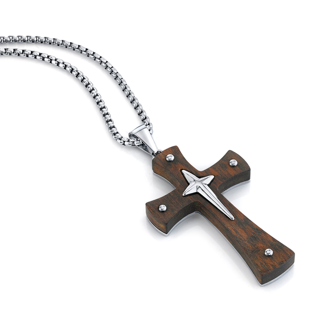 Men's Black Wooden Cross Pendant Necklace Stainless Steel 24