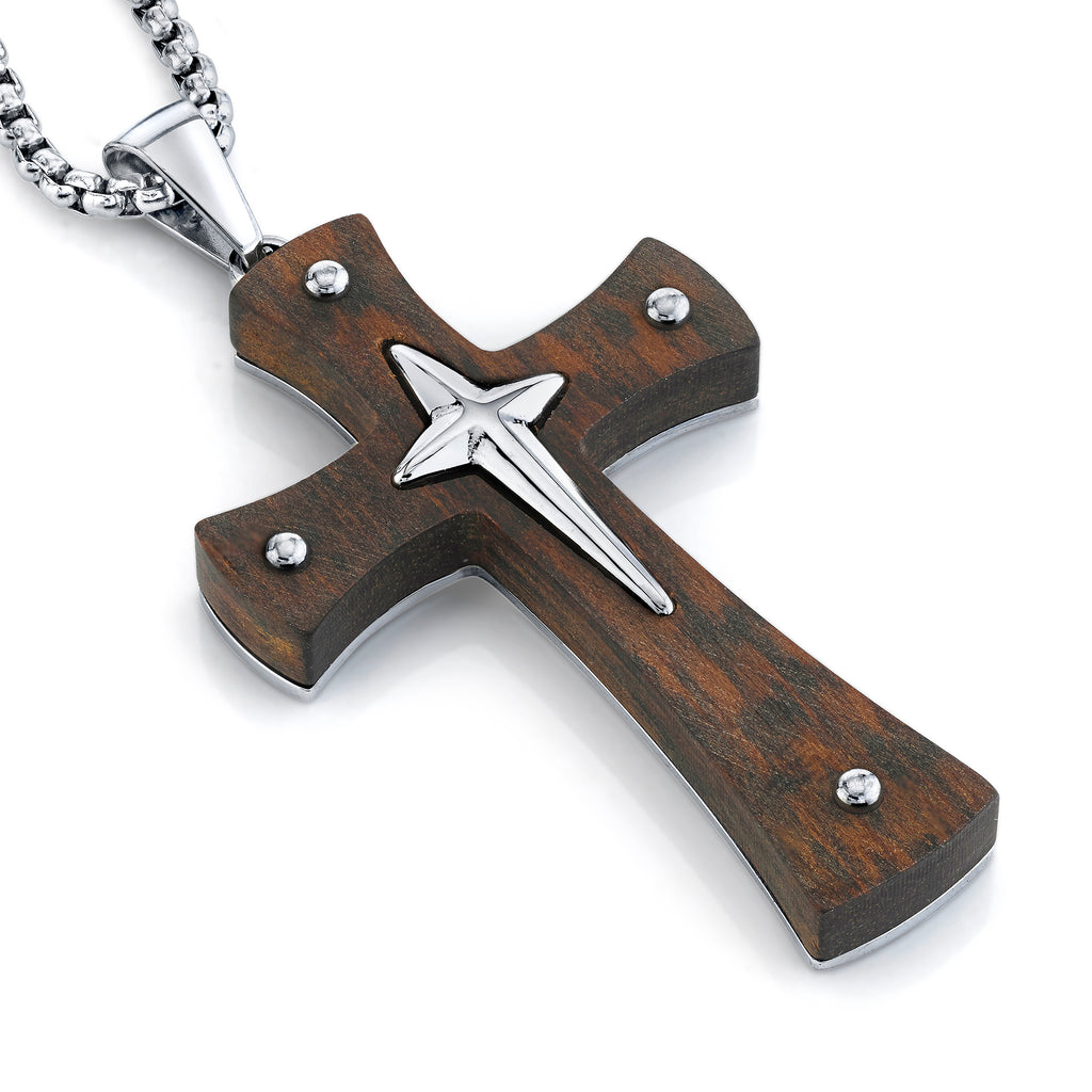 Wood Cross Pendant Stainless Steel Chain Necklace 24" Brown Black Silver