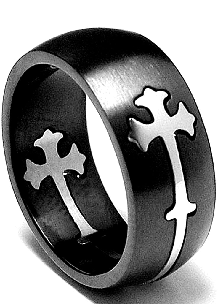 Two Tone Stainless Steel Cross Cut Out Ring Sizes 7 to 14