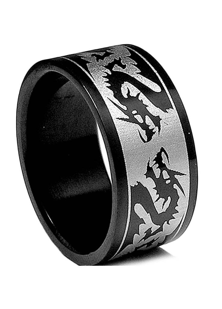 Men's 8MM Black Stainless Steel Ring with Dragon Design sizes 5 to 14
