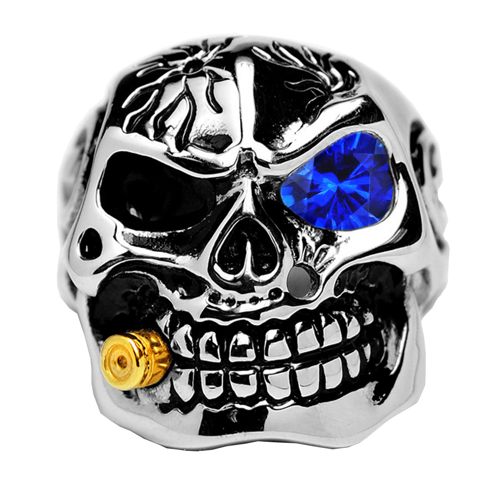 Men's Casted Stainless Steel Halloween Skull Biker Ring with Simulated Sapphire Color Cubic Zirconia & Bullet
