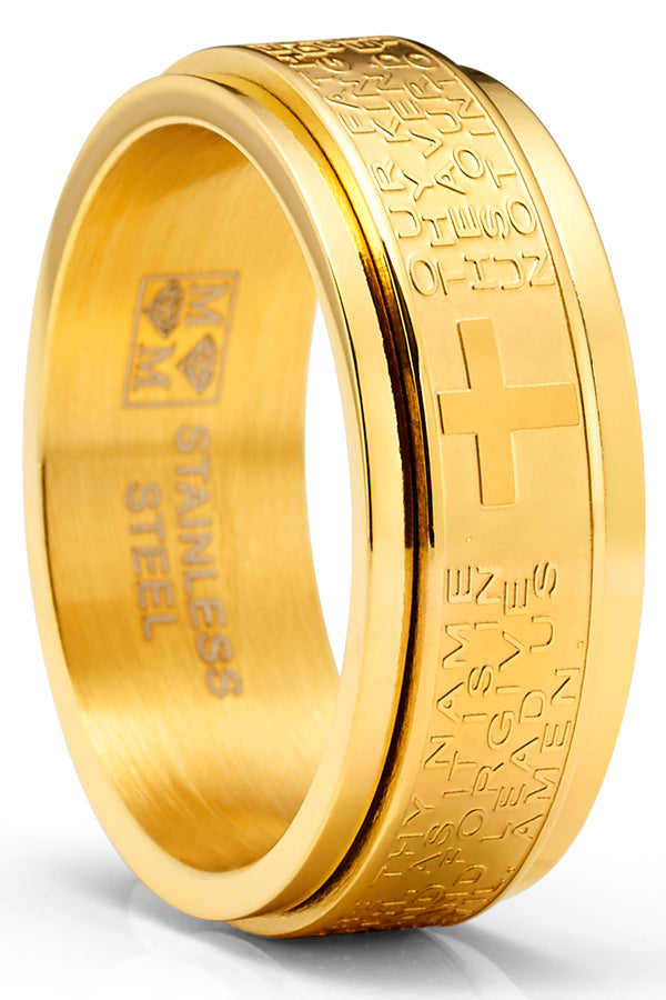 Men's Stainless Steel Lord's Prayer Spinner Fidget Ring Anxiety Band Goldtone Black 8MM